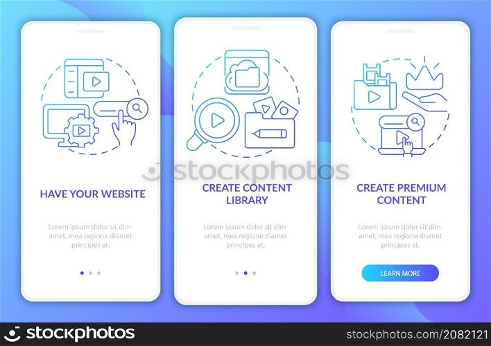 Video on demand blue gradient onboarding mobile app screen. Walkthrough 3 steps graphic instructions pages with linear concepts. UI, UX, GUI template. Myriad Pro-Bold, Regular fonts used. Video on demand blue gradient onboarding mobile app screen