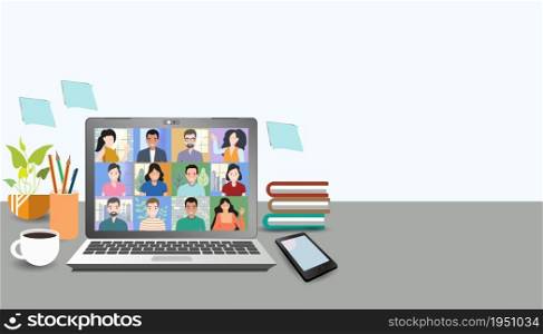 Video online conference. Video meeting of people group and interview. Online communication. Working freelance, e-learning or studying at home in laptops. Composition of pictures on the home desk.