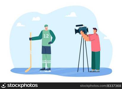 Video operator filming hockey player on camera. Sportsman in uniform posing for camera or giving interview flat vector illustration. Sport concept for banner, website design or landing web page
