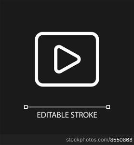 Video pixel perfect white linear ui icon for dark theme. Moving visual media. Record and play. Vector line pictogram. Isolated user interface symbol for night mode. Editable stroke. Arial font used. Video pixel perfect white linear ui icon for dark theme