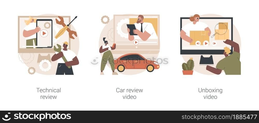 Video platform content abstract concept vector illustration set. Technical review, car test-drive, unboxing video, blog monetization, vlog post idea, online auto advertising abstract metaphor.. Video platform content abstract concept vector illustrations.