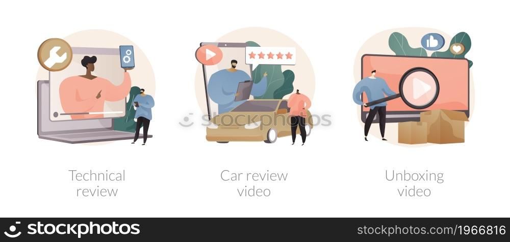 Video platform content abstract concept vector illustration set. Technical review, car test-drive, unboxing video, blog monetization, vlog post idea, online auto advertising abstract metaphor.. Video platform content abstract concept vector illustrations.