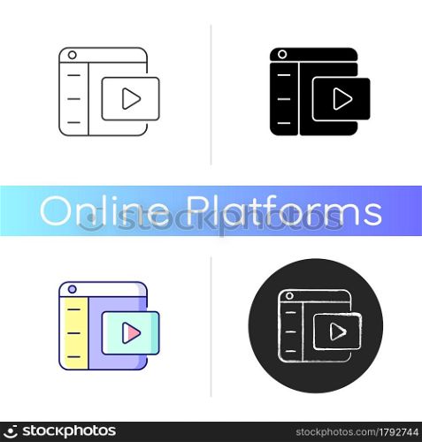 Video platforms icon. Uploading and sharing content. Streaming media. Video hosting service. Monetizing live and recorded content. Linear black and RGB color styles. Isolated vector illustrations. Video platforms icon