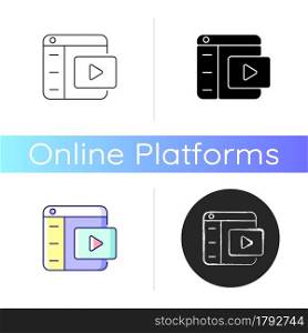 Video platforms icon. Uploading and sharing content. Streaming media. Video hosting service. Monetizing live and recorded content. Linear black and RGB color styles. Isolated vector illustrations. Video platforms icon