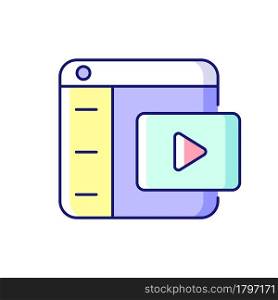 Video platforms RGB color icon. Uploading and sharing content. Streaming media. Video hosting service. Monetizing live and recorded content. Isolated vector illustration. Simple filled line drawing. Video platforms RGB color icon