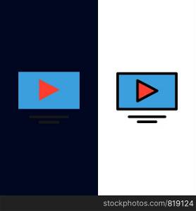 Video, Play, YouTube Icons. Flat and Line Filled Icon Set Vector Blue Background