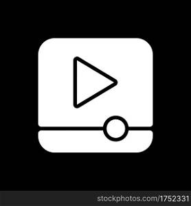 Video player app dark mode glyph icon. Audio playing. Watching movies and clips. Stream film. Smartphone UI button. White silhouette symbol on black space. Vector isolated illustration. Video player app dark mode glyph icon