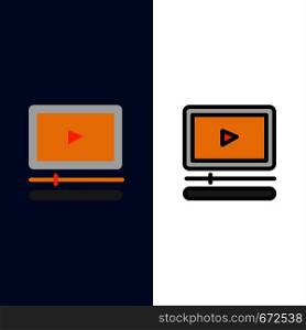 Video, Player, Audio, Mp3, Mp4 Icons. Flat and Line Filled Icon Set Vector Blue Background