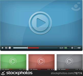 Video Player For Web And Tablet PC. Illustration of a set of web video player, with play, pause and stop buttons, volume, settings and high resolution icons, for browser and tablet pc