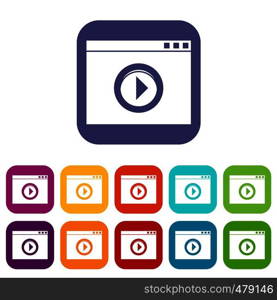 Video player icons set vector illustration in flat style in colors red, blue, green, and other. Video player icons set