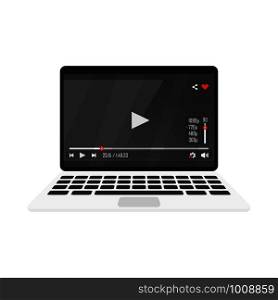 video player on laptop, vector illustration in flat. video player on laptop, flat vector illustration