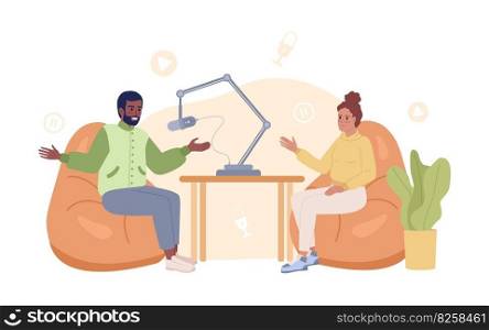 Video podcast 2D vector isolated spot illustration. Live streamers talking on bean bag chairs flat characters on cartoon background. Colorful editable scene for mobile, website, magazine. Video podcast 2D vector isolated spot illustration