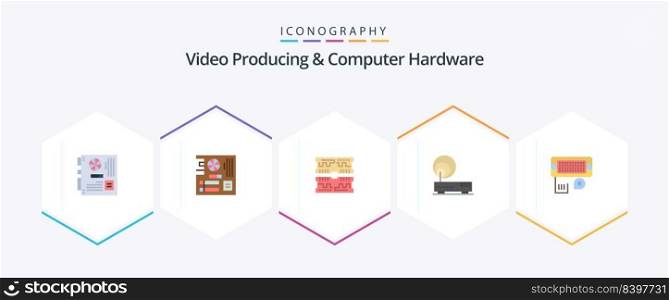 Video Producing And Computer Hardware 25 Flat icon pack including network. hardware. mainboard. connection. computer