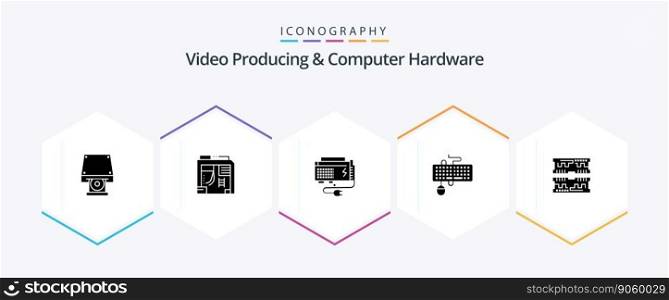 Video Producing And Computer Hardware 25 Glyph icon pack including obsolete. keyboard. apc. interface. source