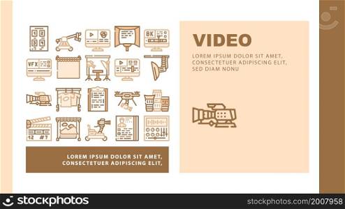 Video Production And Creation Landing Web Page Header Banner Template Vector Camera And Cart For Operator, Clapperboard And Teleprompter Video Production Equipment Illustration. Video Production And Creation Landing Header Vector