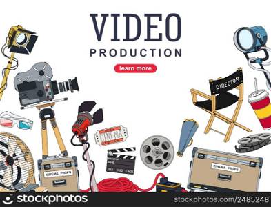 Video production. Background design with a set of equipment and tools for the film making and video contents creation. Vector illustration