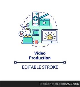 Video production concept icon. In demand skill for freelancing abstract idea thin line illustration. Become video blogger. Isolated outline drawing. Editable stroke. Arial, Myriad Pro-Bold fonts used. Video production concept icon