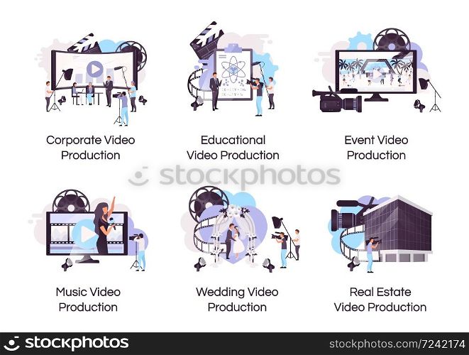 Video production flat concept icons set. Videography and filmmaking stickers, cliparts pack. Event, corporate, music video shooting. Isolated cartoon illustrations on white background