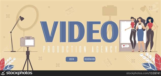 Video Production Studio, Social Media Company, Digital Content Agency, Videographer Community Web Banner, Landing Page. Women Bloggers, Content Consumer Characters Trendy Flat Vector Illustration