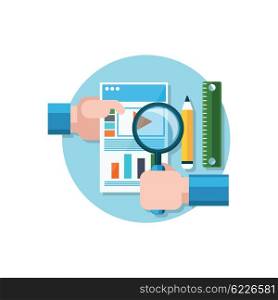 Video promotion icon flat design. Magnifying glass in hand. Analysis and analytics, research and search. Data statistics on the video promotion on the paper sheet of paper. Vector illustration