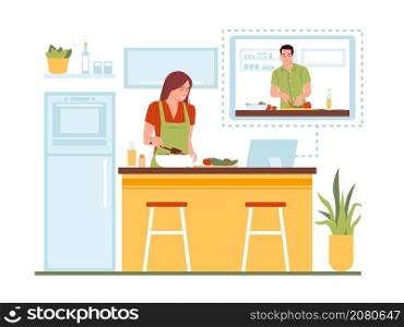 Video recipe cooking. Housewife watching culinary movie on laptop in tasty meal preparation process, woman in home kitchen, educational online webinar, vector cartoon flat style isolated concept. Video recipe cooking. Housewife watching culinary movie on laptop in tasty meal preparation process, woman in home kitchen, educational online webinar, vector isolated concept