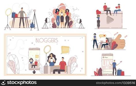 Video Review Blogger, Social Media Content Maker, Streamer Subscriber and Follower Characters Set. People Recording Video, Viewing and Commenting Post in Social Network Trendy Flat Vector Illustration