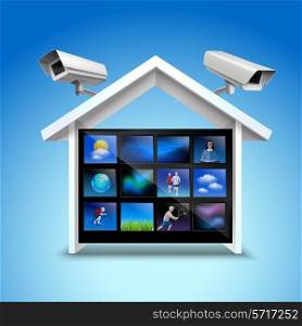Video security concept with house and surveillance cameras 3d realistic vector illustration