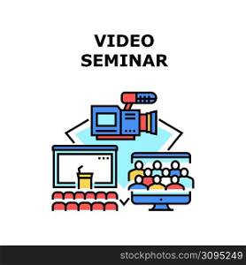 Video Seminar Vector Icon Concept. Video Seminar Businessman Recording On Camera Device And Showing Online In Internet. Audience Watching Educational Clip In Cyberspace Color Illustration. Video Seminar Vector Concept Color Illustration