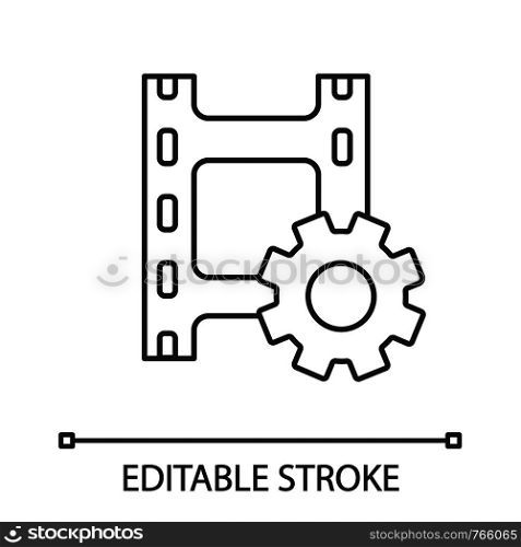 Video settings linear icon. Filmstrip with cogwheel. Thin line illustration. Film making. Multimedia player options. Contour symbol. Vector isolated outline drawing. Editable stroke. Video settings linear icon