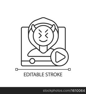 Video shaming linear icon. Cyberbullying and cyberharassment. Watch online content. Thin line customizable illustration. Contour symbol. Vector isolated outline drawing. Editable stroke. Video shaming linear icon