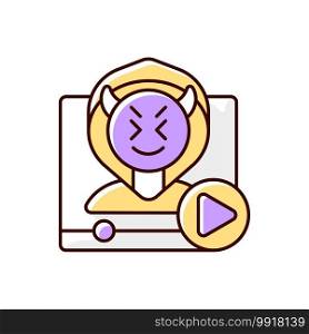 Video shaming RGB color icon. Cyberbullying and cyberharassment. Watch online content. Internet troll. Social media negativity, offensive message broadcast. Isolated vector illustration. Video shaming RGB color icon