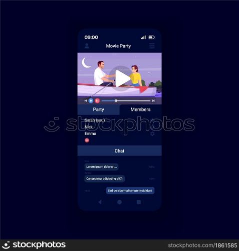 Video streaming platform app smartphone interface vector template. Mobile app page design layout. Group, party movies watching service screen. Flat UI for application. Phone display. Video streaming platform app smartphone interface vector template