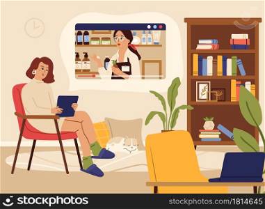 Video streaming. Woman watch online show, beauty information channel. Blogger, female character relax at home vector illustration. Online video blogger, channel internet blog. Video streaming. Woman watch online show, beauty information channel. Blogger, female character relax at home vector illustration