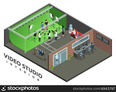 Video Studio Interior Isometric View . Professional live video recording studio interior with on air sign and camera operator isometric view vector illustration
