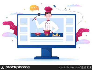 Video Tutorial How to Make, Prepare, Culinary, Food Show Channel and Teaches Cooking New Recipe for Posters. Background Vector Illustration