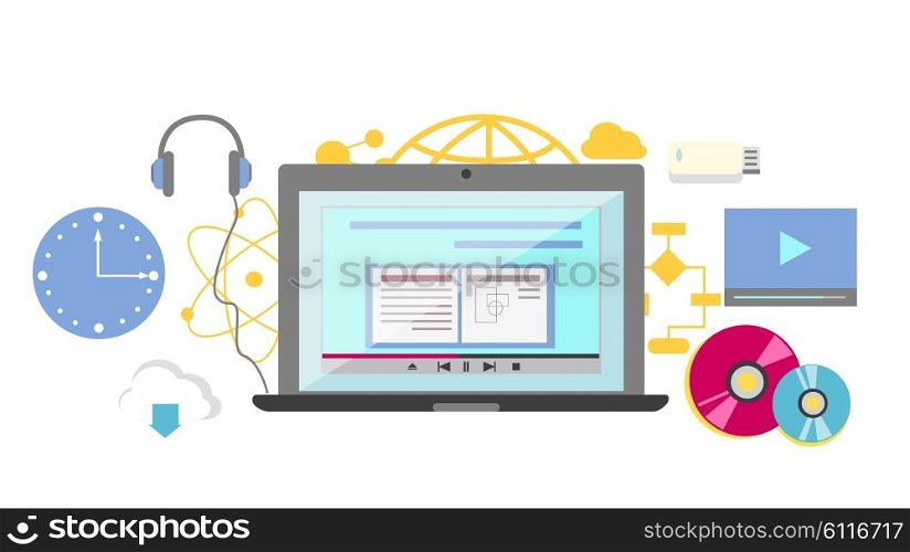 Video tutorial icon flat design style. Online education, information web from laptop, study internet, e-learning and knowledge, webinar and training, communication learning illustration
