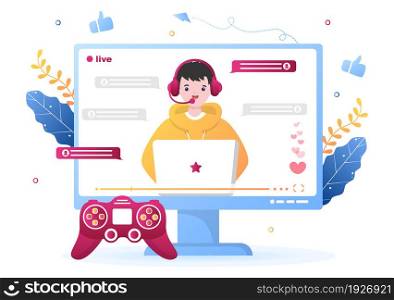 Video Tutorial Service or Professional Gamer Online Platform. Man using Headset while Playing Game During Live Streaming. Background Vector Illustration