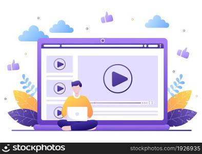 Video Tutorials Background Vector Illustration. Watching and Streaming Online on Computer About Education, Knowledge for Web Banner, Brochures, Poster or Book Cover