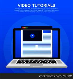 Video tutorials icon concept. Study and learning background, distance education and knowledge growth. Video conference and webinar icon, internet and video services.Vector stock illustration.
