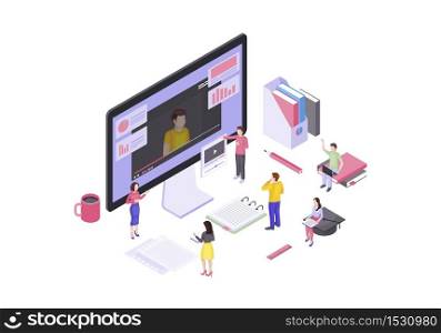 Video tutorials isometric vector illustration. E-learning. Online courses and education. Video streaming and hosting. Interactive training 3d concept. Content sharing, vlogging. Isolated clipart. Video tutorials isometric vector illustration