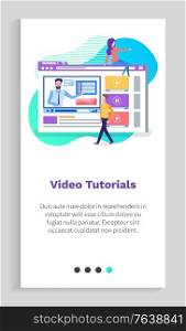 Video tutorials, man and woman characters studying, online learning, interface of screen with play icon, distance communication, technology vector. Website slider app template, landing page flat style. E-learning Technology, Social Network, Web Vector