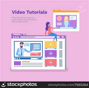 Video tutorials poster with text sample and information vector. Education online, teachers assistant in distance. Student watching laptop and files. Video Tutorials Poster with Text Sample and Info