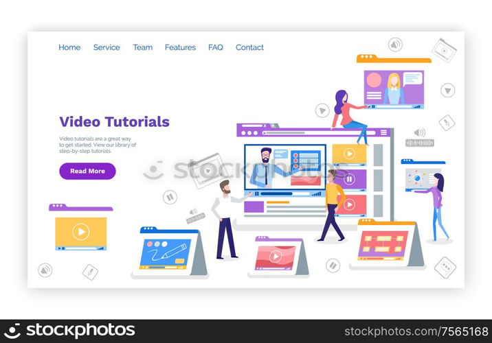 Video tutorials web page with text sample and devices vector. Methods assisting in self education and studying, preparation for exams and tests. Website or webpage template, landing page in flat style. Video Tutorials Web Page with Text Sample Devices