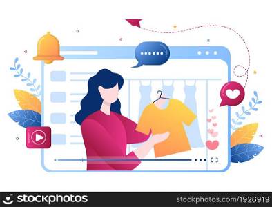 Video Tutorials with Woman Reviewing Products, Shopping, Fashion, Beauty via Online Channel for Posters. Background Vector Illustration