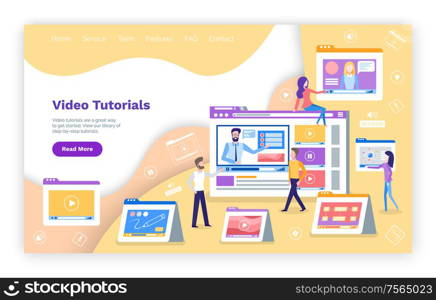 Video tutoring online courses with tutors explaining vector. Computer monitor with male teacher and students, distance education of people, students. Video Tutoring Online Course with Tutor Explaining