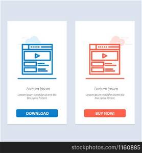 Video, Video Player, Web, Website Blue and Red Download and Buy Now web Widget Card Template