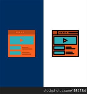 Video, Video Player, Web, Website Icons. Flat and Line Filled Icon Set Vector Blue Background