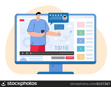 Video with blogger doing review of smartphone. Man recommending phone in vlog on his channel flat vector illustration. Advertising, technology concept for banner, website design or landing web page