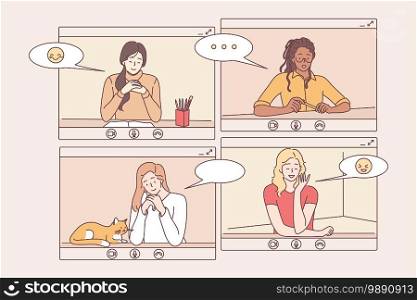 Videocall, online conference, distant communication concept. Group of diverse female enjoying online meeting or web communication on laptops from home illustration. Videocall, online conference, distant communication concept