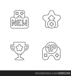 Videogame linear icons set. New game, single player mode, bonus and achievement customizable thin line contour symbols. Signs for gaming apps. Isolated vector outline illustrations. Editable stroke. Videogame linear icons set